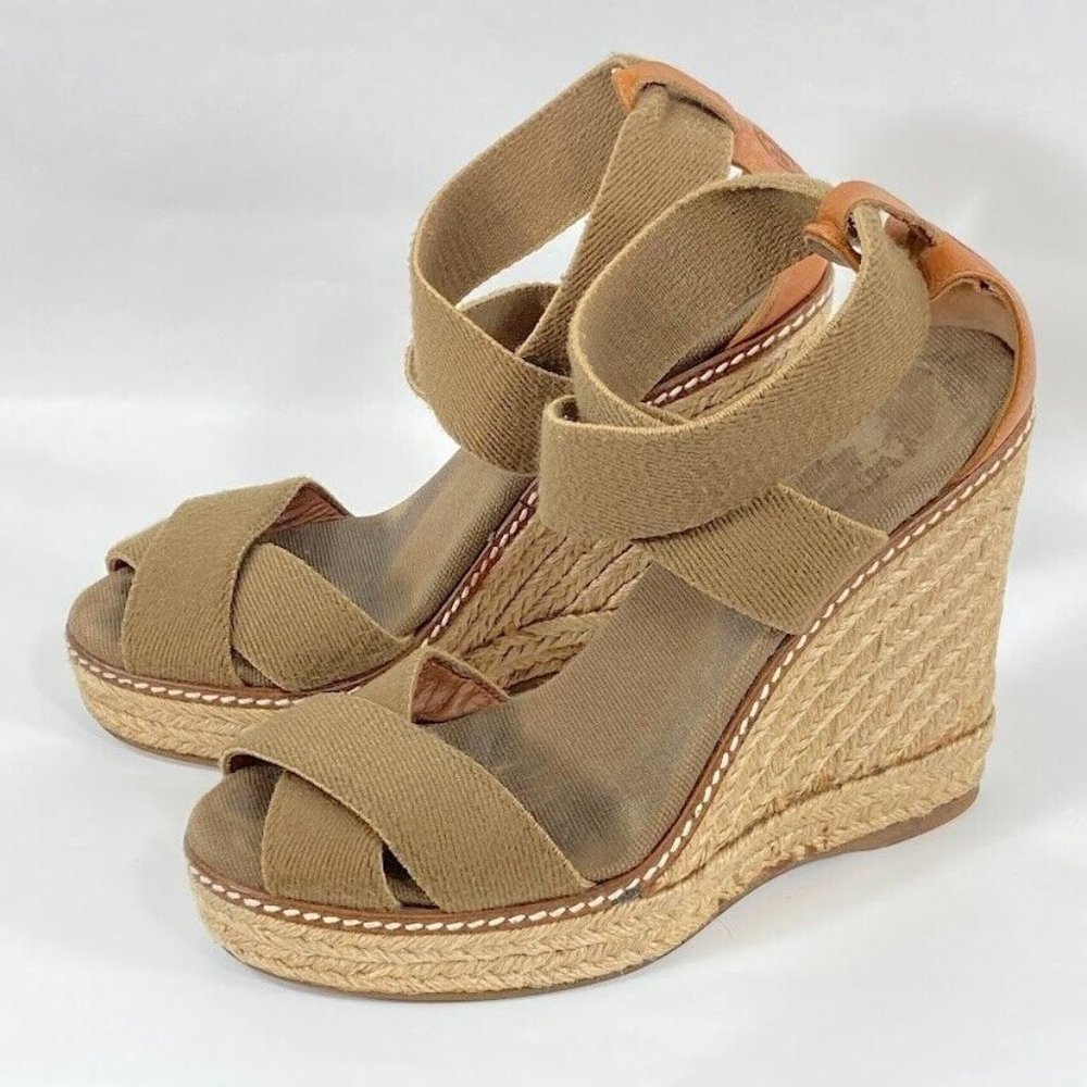 Tory Burch Adonis Crisscross Wedge Espadrilles Sandals Taupe Size 6B